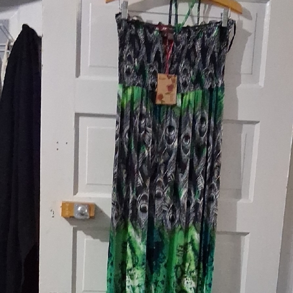 Green and Black Pleated Maxi Dress Resort Wear